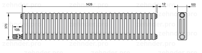Схема (чертеж) Радиатор Zehnder Charleston 3037/31 №V003 Белый глянцевый RAL 9016